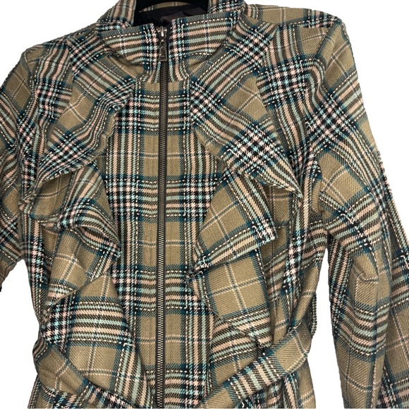 U) Plaid Zip-Up Jacket with Tie-Up Waist - Tan Black Blue Pink - Size Large - Picture 4 of 7